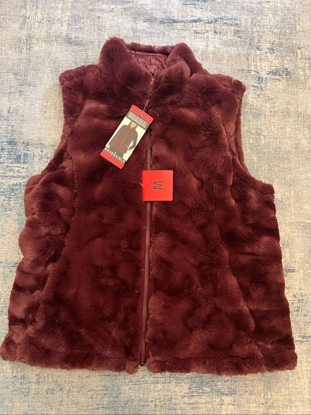 Nicole Miller Wine Burgundy Reversible Faux Fur Puffer Full Zip Vest Medium